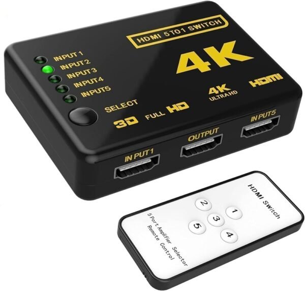 HDMI Switch 5 IN 1 Splitter,Intelligent 5-Port HDMI Switch, Supports 4K
